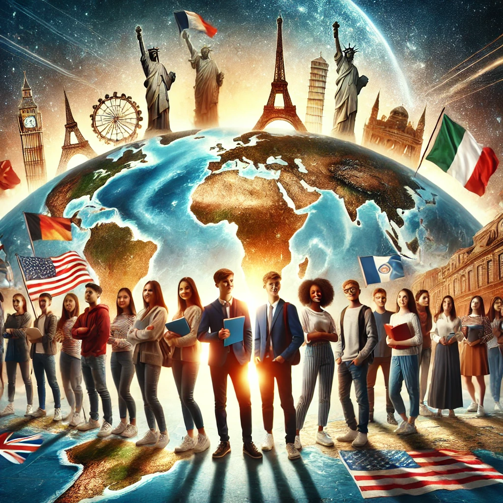 An inspiring image depicting the concept of empowering students to explore the world and become global leaders. The scene features a diverse group of students, including African American students, standing confidently on a world map, each holding flags, books, and globes. In the background, landmarks from various continents (e.g., Eiffel Tower, Great Wall of China, Pyramids of Giza) represent global exploration. A glowing horizon symbolizes leadership and a bright future.